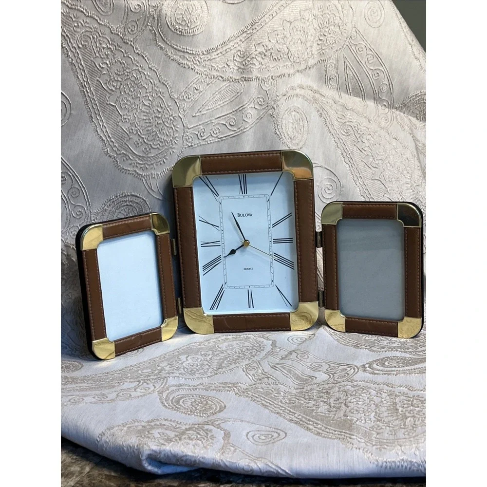 Bulova Folding Travel Clock Leather And Brass With 3 X 4.5 Photo Frames